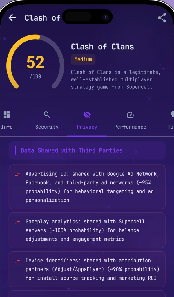 AppXpose scanning Clash of Clans, showing a 52/100 risk score and the list of third parties the app shares data with
