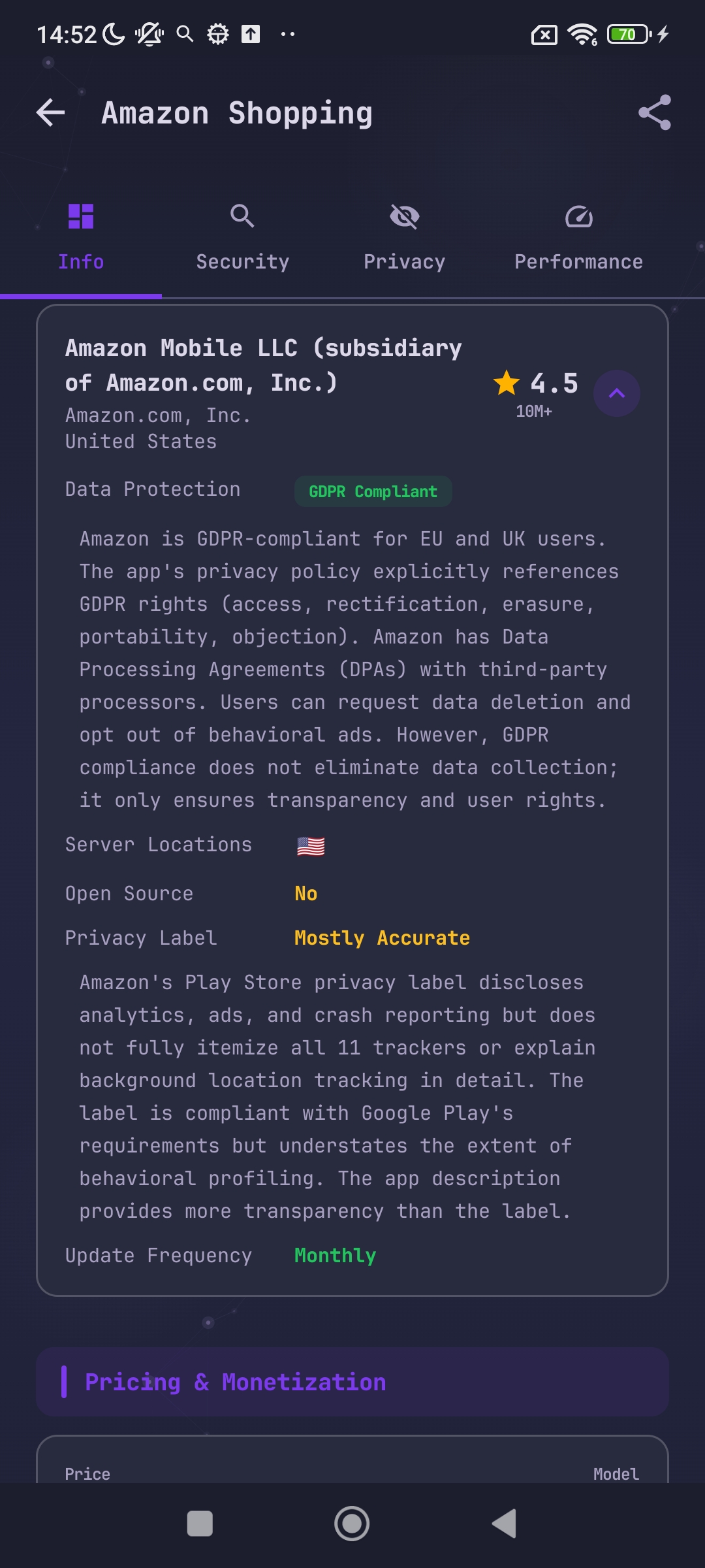 Amazon Shopping scan  - Developer info and GDPR compliance status