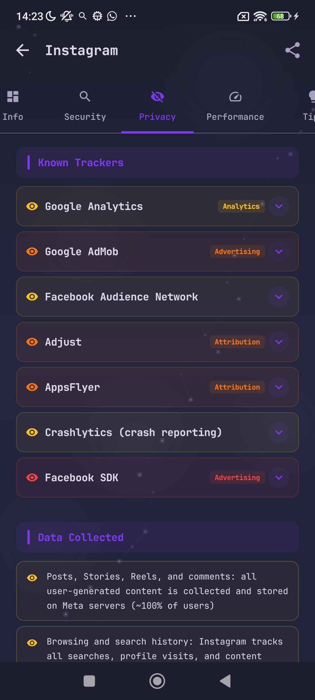 Instagram scan  - Known trackers and data collection