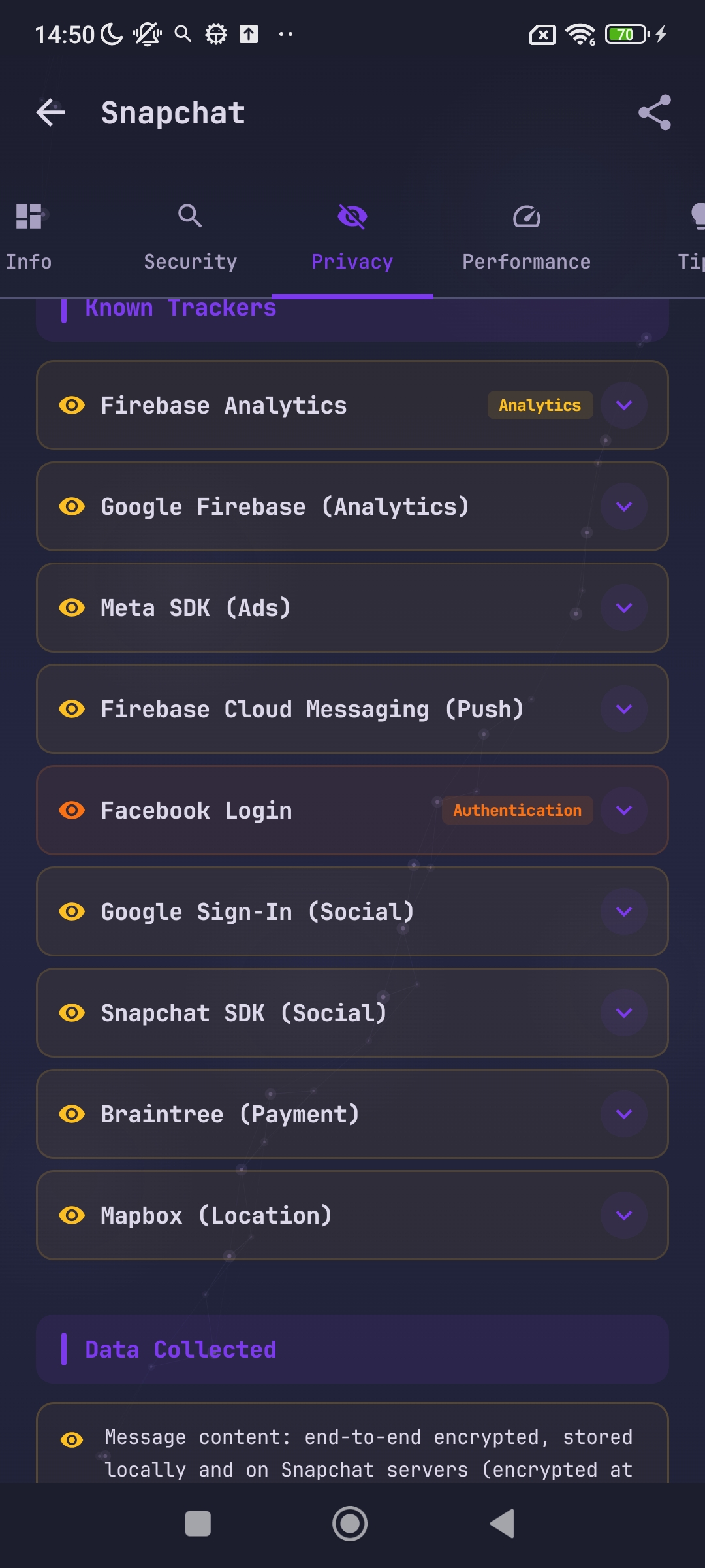 Snapchat scan  - 9 verified trackers detected by DEX scan