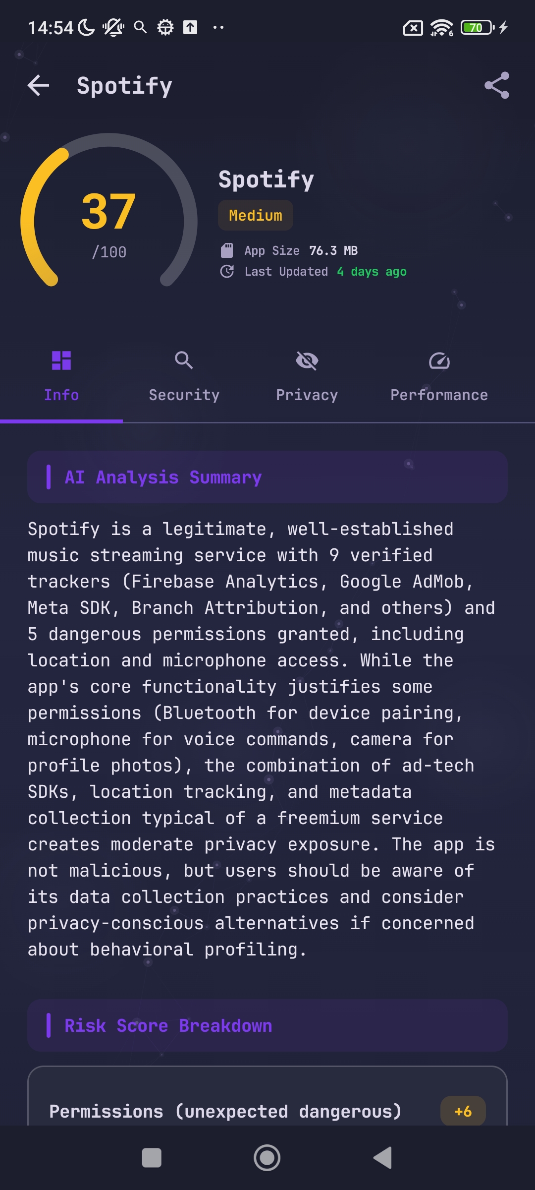 Spotify scan  - AI analysis summary with risk score 37